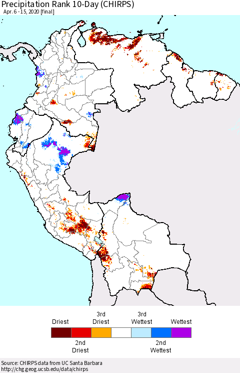 Northern South America Precipitation Rank since 1981, 10-Day (CHIRPS) Thematic Map For 4/6/2020 - 4/15/2020