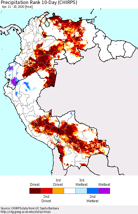 Northern South America Precipitation Rank since 1981, 10-Day (CHIRPS) Thematic Map For 4/11/2020 - 4/20/2020