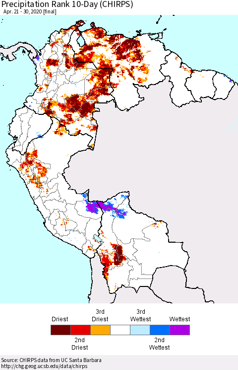 Northern South America Precipitation Rank 10-Day (CHIRPS) Thematic Map For 4/21/2020 - 4/30/2020
