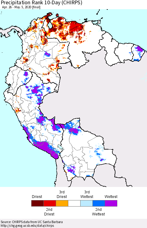 Northern South America Precipitation Rank since 1981, 10-Day (CHIRPS) Thematic Map For 4/26/2020 - 5/5/2020