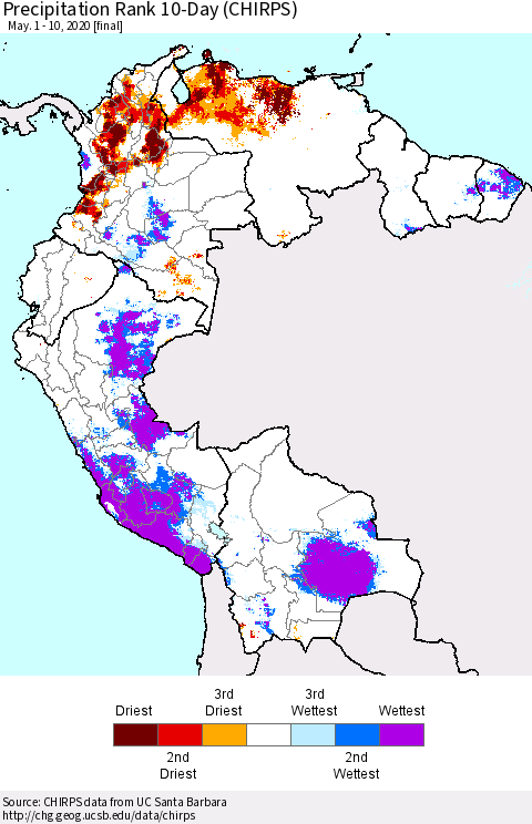 Northern South America Precipitation Rank 10-Day (CHIRPS) Thematic Map For 5/1/2020 - 5/10/2020