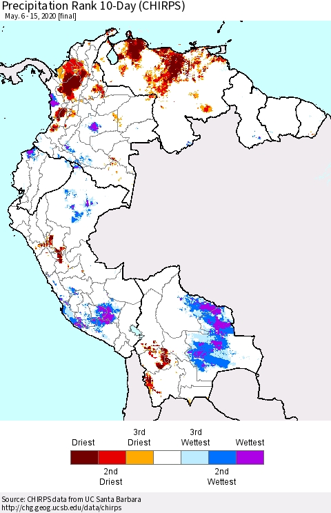 Northern South America Precipitation Rank 10-Day (CHIRPS) Thematic Map For 5/6/2020 - 5/15/2020