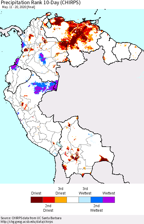 Northern South America Precipitation Rank 10-Day (CHIRPS) Thematic Map For 5/11/2020 - 5/20/2020
