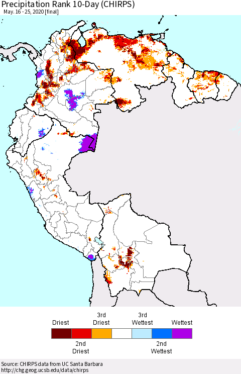 Northern South America Precipitation Rank 10-Day (CHIRPS) Thematic Map For 5/16/2020 - 5/25/2020