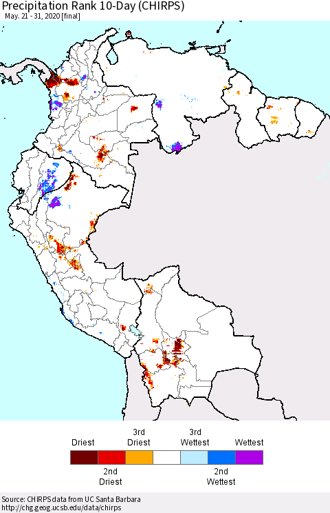 Northern South America Precipitation Rank since 1981, 10-Day (CHIRPS) Thematic Map For 5/21/2020 - 5/31/2020