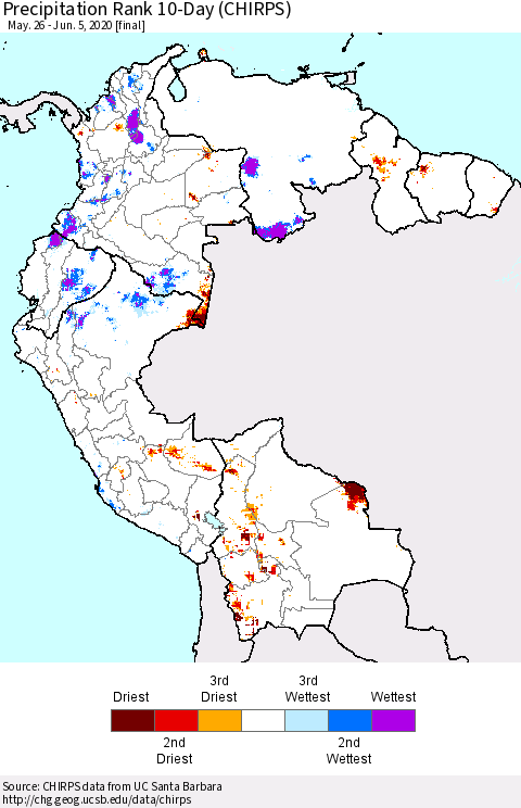 Northern South America Precipitation Rank 10-Day (CHIRPS) Thematic Map For 5/26/2020 - 6/5/2020