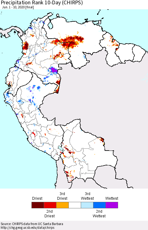 Northern South America Precipitation Rank 10-Day (CHIRPS) Thematic Map For 6/1/2020 - 6/10/2020