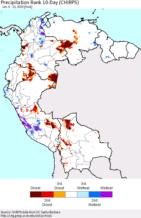 Northern South America Precipitation Rank 10-Day (CHIRPS) Thematic Map For 6/6/2020 - 6/15/2020