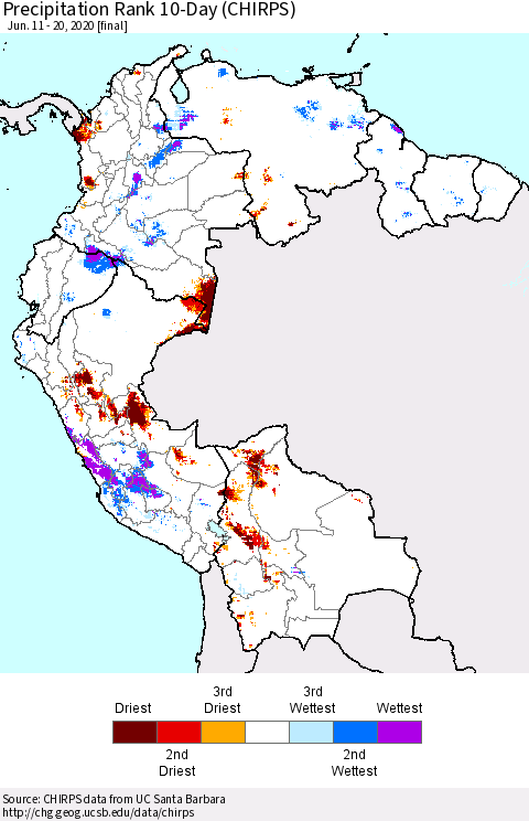 Northern South America Precipitation Rank since 1981, 10-Day (CHIRPS) Thematic Map For 6/11/2020 - 6/20/2020