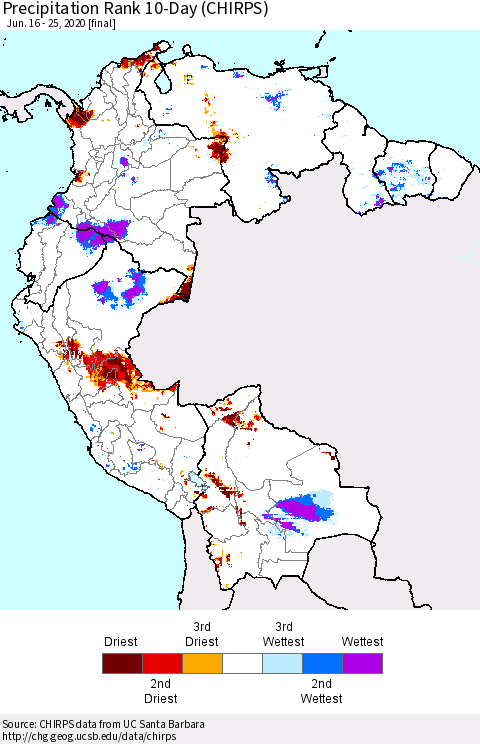 Northern South America Precipitation Rank since 1981, 10-Day (CHIRPS) Thematic Map For 6/16/2020 - 6/25/2020