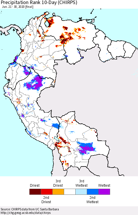 Northern South America Precipitation Rank 10-Day (CHIRPS) Thematic Map For 6/21/2020 - 6/30/2020