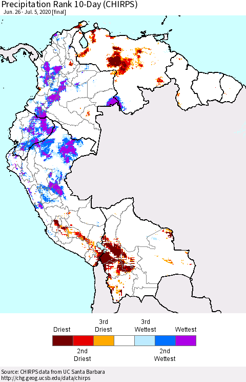 Northern South America Precipitation Rank since 1981, 10-Day (CHIRPS) Thematic Map For 6/26/2020 - 7/5/2020