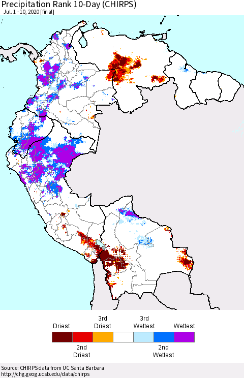Northern South America Precipitation Rank 10-Day (CHIRPS) Thematic Map For 7/1/2020 - 7/10/2020