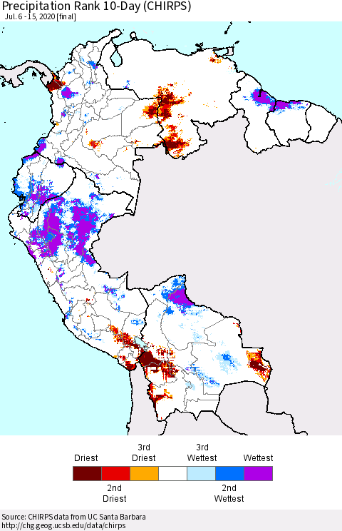 Northern South America Precipitation Rank 10-Day (CHIRPS) Thematic Map For 7/6/2020 - 7/15/2020