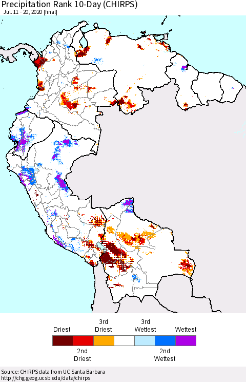 Northern South America Precipitation Rank 10-Day (CHIRPS) Thematic Map For 7/11/2020 - 7/20/2020