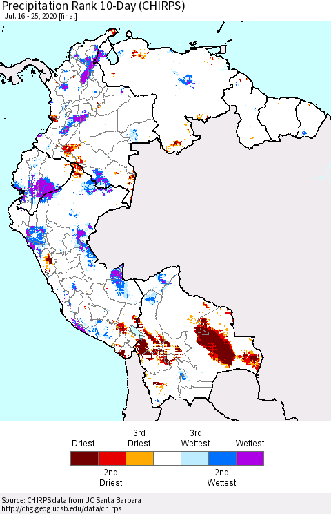 Northern South America Precipitation Rank 10-Day (CHIRPS) Thematic Map For 7/16/2020 - 7/25/2020