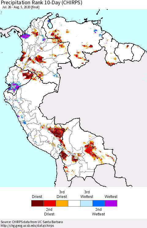 Northern South America Precipitation Rank 10-Day (CHIRPS) Thematic Map For 7/26/2020 - 8/5/2020