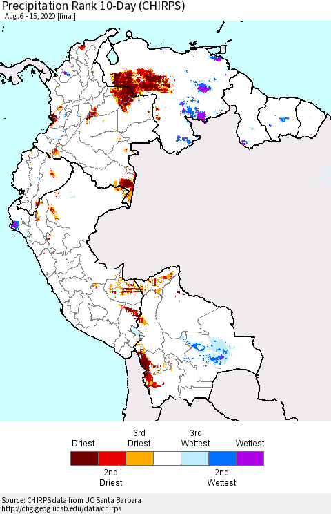 Northern South America Precipitation Rank since 1981, 10-Day (CHIRPS) Thematic Map For 8/6/2020 - 8/15/2020