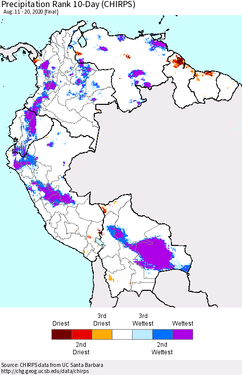 Northern South America Precipitation Rank since 1981, 10-Day (CHIRPS) Thematic Map For 8/11/2020 - 8/20/2020