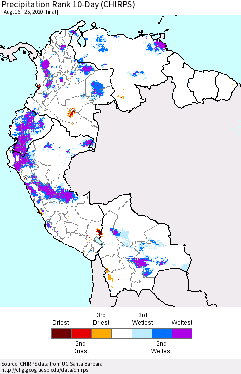 Northern South America Precipitation Rank 10-Day (CHIRPS) Thematic Map For 8/16/2020 - 8/25/2020