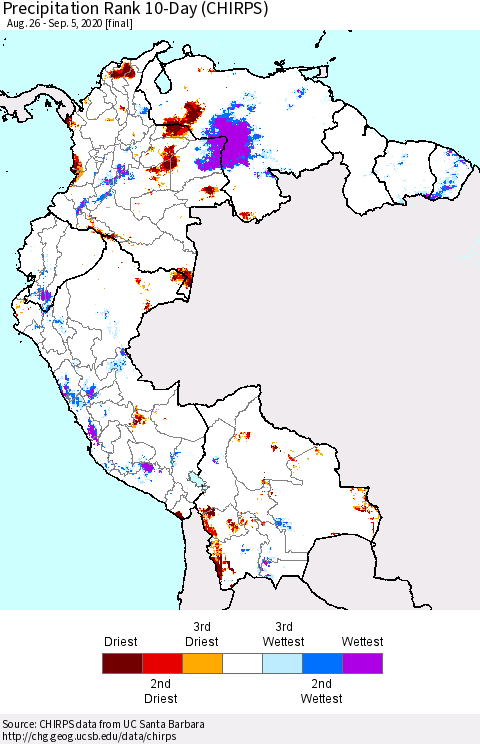 Northern South America Precipitation Rank since 1981, 10-Day (CHIRPS) Thematic Map For 8/26/2020 - 9/5/2020
