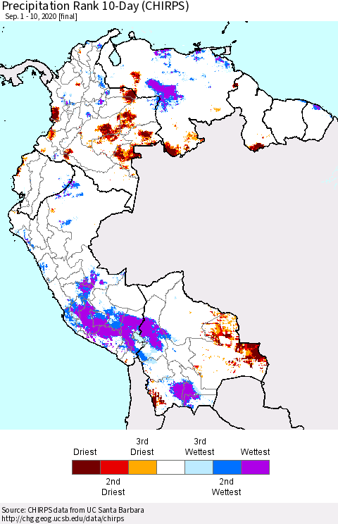 Northern South America Precipitation Rank 10-Day (CHIRPS) Thematic Map For 9/1/2020 - 9/10/2020