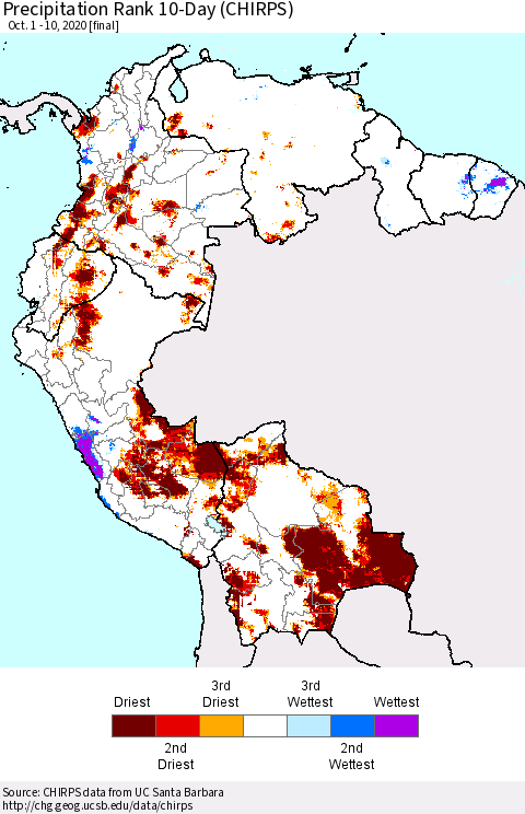 Northern South America Precipitation Rank 10-Day (CHIRPS) Thematic Map For 10/1/2020 - 10/10/2020