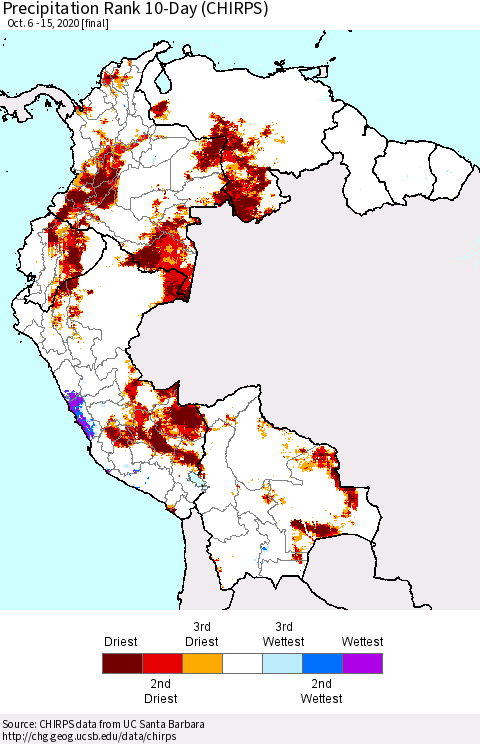 Northern South America Precipitation Rank since 1981, 10-Day (CHIRPS) Thematic Map For 10/6/2020 - 10/15/2020