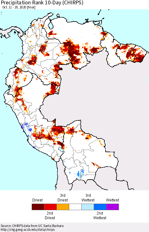 Northern South America Precipitation Rank 10-Day (CHIRPS) Thematic Map For 10/11/2020 - 10/20/2020