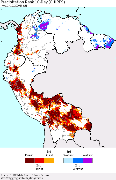 Northern South America Precipitation Rank 10-Day (CHIRPS) Thematic Map For 11/1/2020 - 11/10/2020