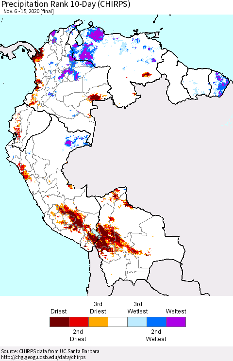 Northern South America Precipitation Rank 10-Day (CHIRPS) Thematic Map For 11/6/2020 - 11/15/2020
