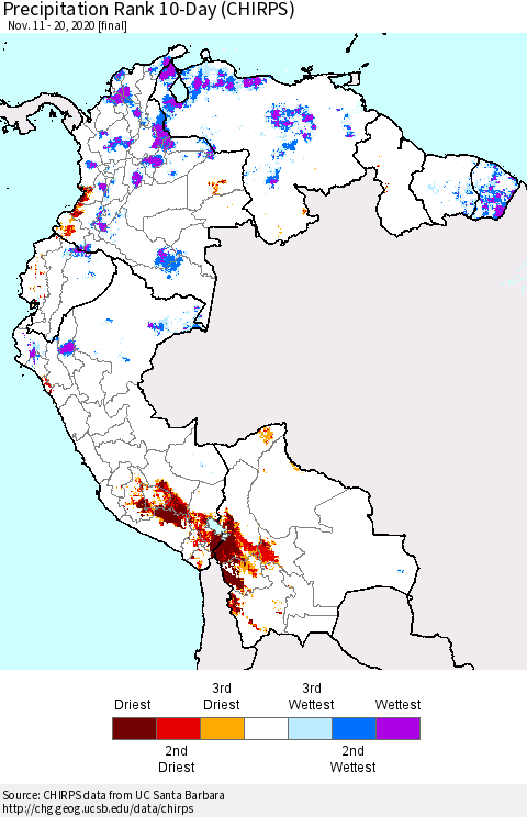 Northern South America Precipitation Rank 10-Day (CHIRPS) Thematic Map For 11/11/2020 - 11/20/2020