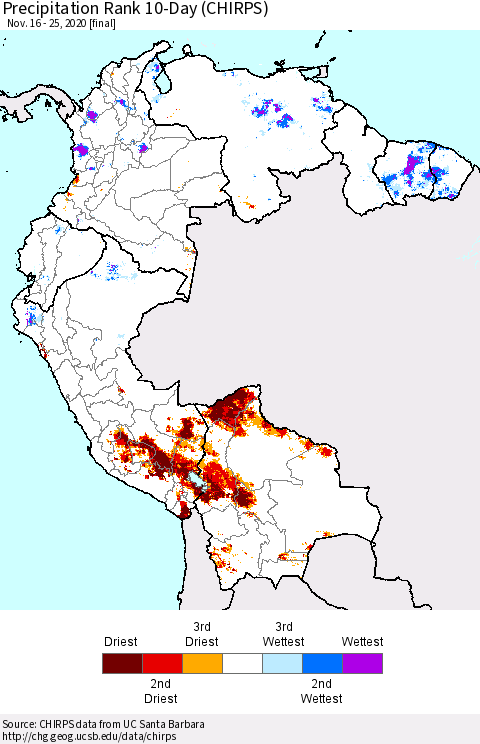 Northern South America Precipitation Rank 10-Day (CHIRPS) Thematic Map For 11/16/2020 - 11/25/2020