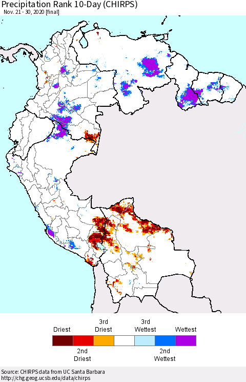 Northern South America Precipitation Rank 10-Day (CHIRPS) Thematic Map For 11/21/2020 - 11/30/2020