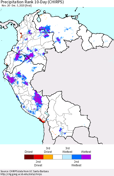 Northern South America Precipitation Rank 10-Day (CHIRPS) Thematic Map For 11/26/2020 - 12/5/2020