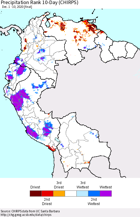 Northern South America Precipitation Rank 10-Day (CHIRPS) Thematic Map For 12/1/2020 - 12/10/2020