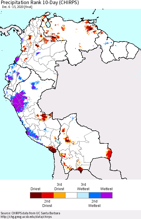 Northern South America Precipitation Rank 10-Day (CHIRPS) Thematic Map For 12/6/2020 - 12/15/2020