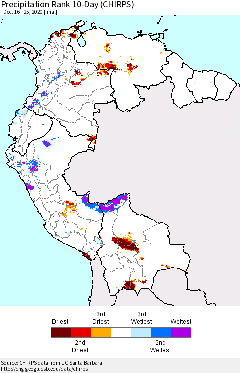 Northern South America Precipitation Rank 10-Day (CHIRPS) Thematic Map For 12/16/2020 - 12/25/2020