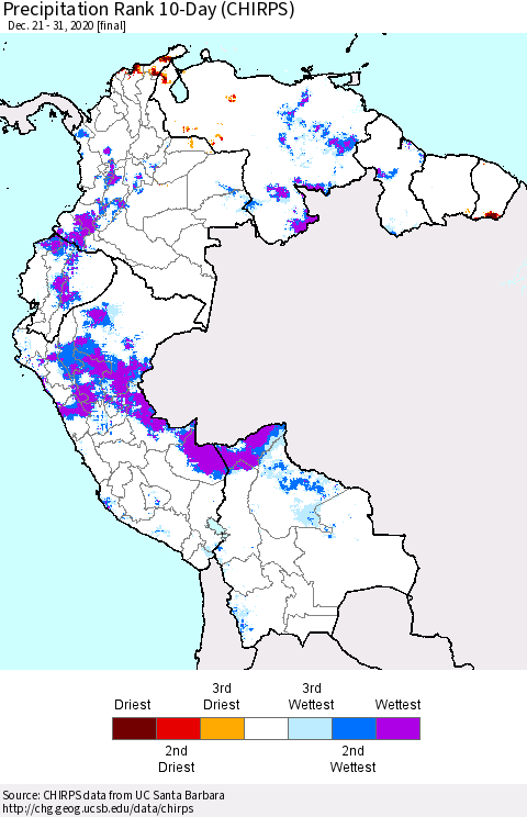 Northern South America Precipitation Rank since 1981, 10-Day (CHIRPS) Thematic Map For 12/21/2020 - 12/31/2020