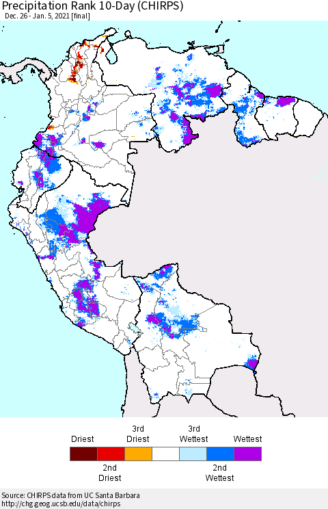 Northern South America Precipitation Rank since 1981, 10-Day (CHIRPS) Thematic Map For 12/26/2020 - 1/5/2021
