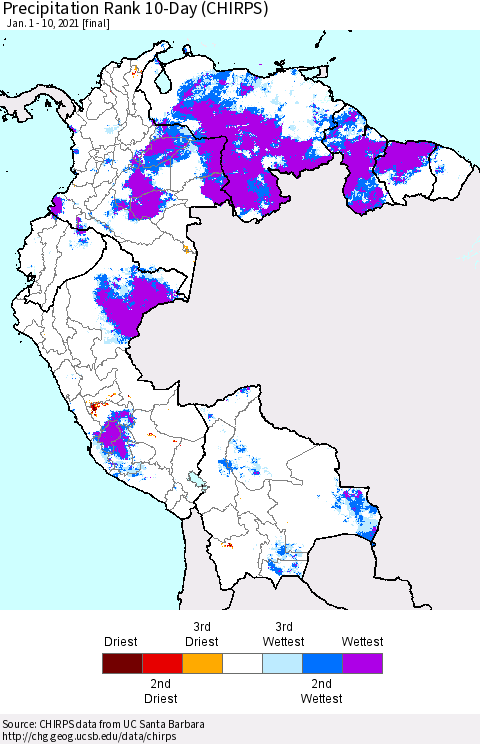 Northern South America Precipitation Rank 10-Day (CHIRPS) Thematic Map For 1/1/2021 - 1/10/2021