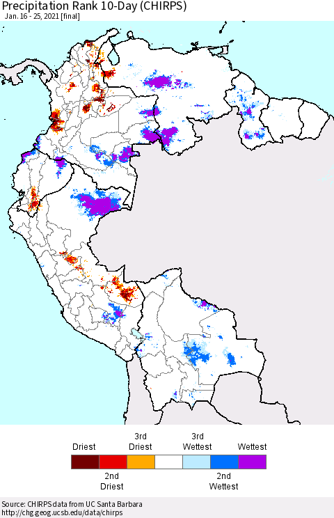 Northern South America Precipitation Rank 10-Day (CHIRPS) Thematic Map For 1/16/2021 - 1/25/2021