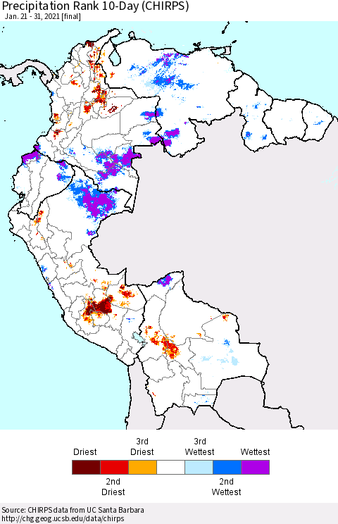 Northern South America Precipitation Rank 10-Day (CHIRPS) Thematic Map For 1/21/2021 - 1/31/2021
