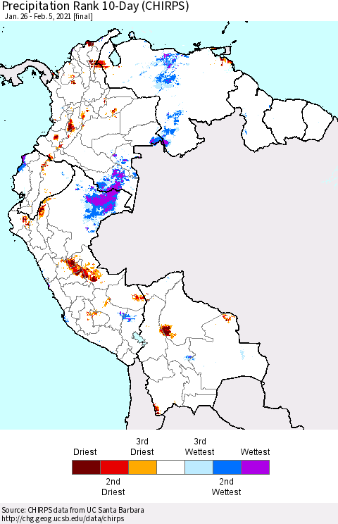 Northern South America Precipitation Rank since 1981, 10-Day (CHIRPS) Thematic Map For 1/26/2021 - 2/5/2021