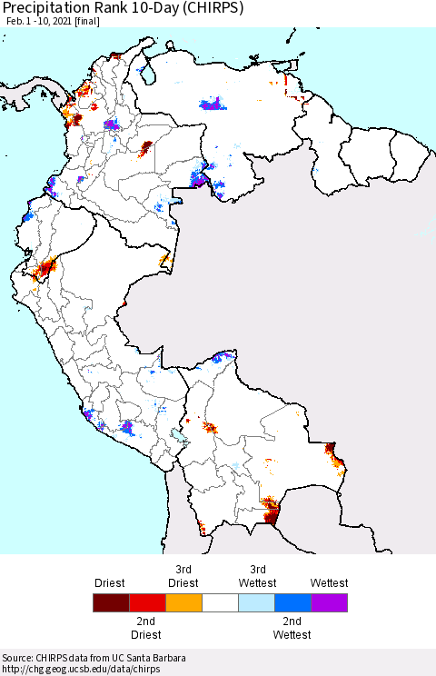 Northern South America Precipitation Rank 10-Day (CHIRPS) Thematic Map For 2/1/2021 - 2/10/2021
