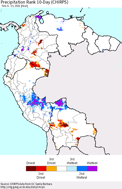 Northern South America Precipitation Rank 10-Day (CHIRPS) Thematic Map For 2/6/2021 - 2/15/2021