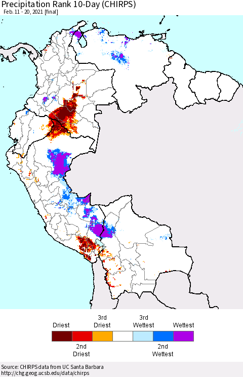 Northern South America Precipitation Rank since 1981, 10-Day (CHIRPS) Thematic Map For 2/11/2021 - 2/20/2021