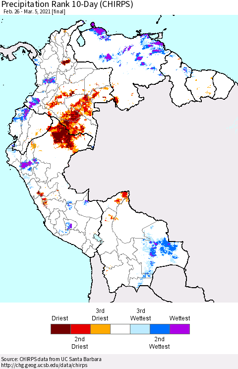 Northern South America Precipitation Rank since 1981, 10-Day (CHIRPS) Thematic Map For 2/26/2021 - 3/5/2021
