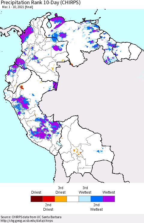 Northern South America Precipitation Rank 10-Day (CHIRPS) Thematic Map For 3/1/2021 - 3/10/2021
