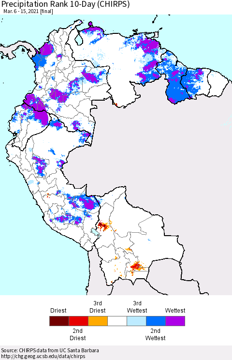 Northern South America Precipitation Rank since 1981, 10-Day (CHIRPS) Thematic Map For 3/6/2021 - 3/15/2021